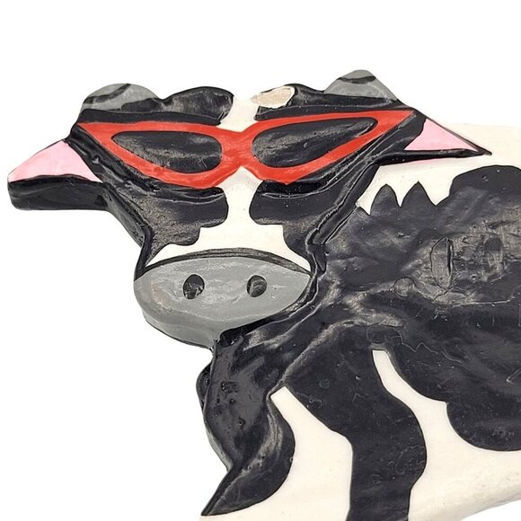 Hand-Painted Wooden Cow Brooch Pin Glossy Black & White with Red Glasses 3" - Picture 2 of 6
